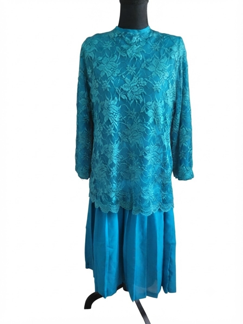 Vintage 1980s Long Sleeve Teal Lace Overlay Midi Dress